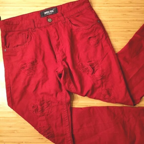 Smoke Rise Men's 34 x 34 Red Distressed Denim Pant - Picture 2 of 16